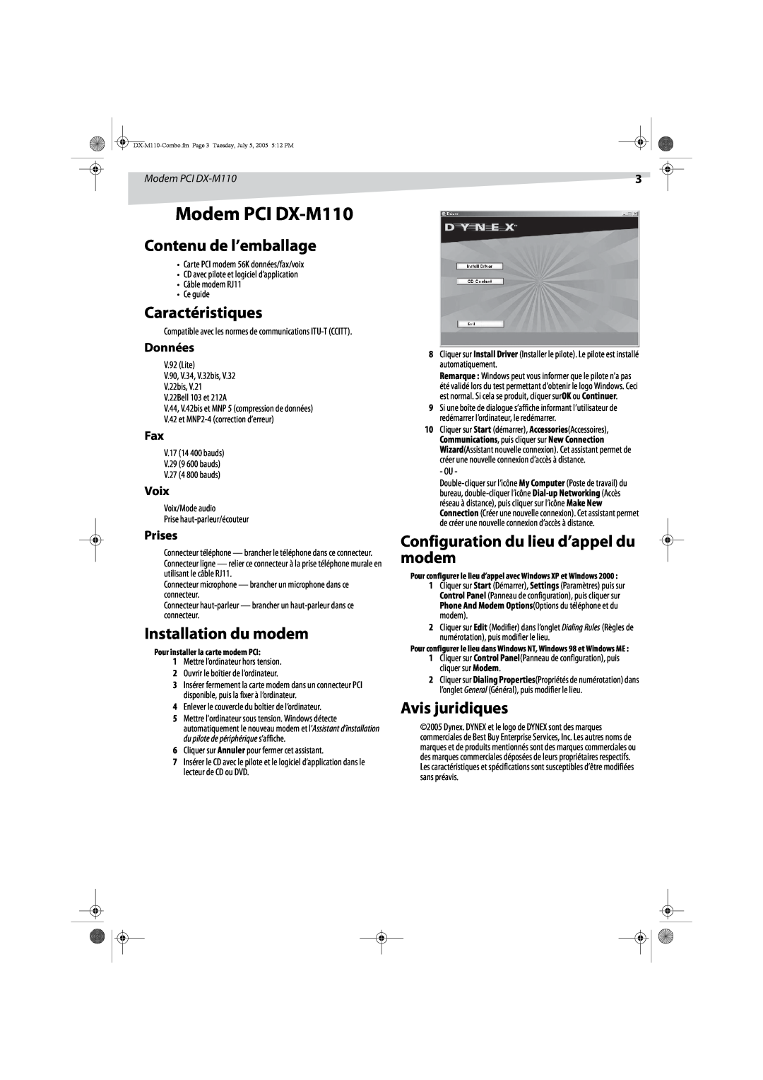 Dynex Modem PCI DX-M110, Contenu de l’emballage, Caractéristiques, Installation du modem, Avis juridiques, Données 