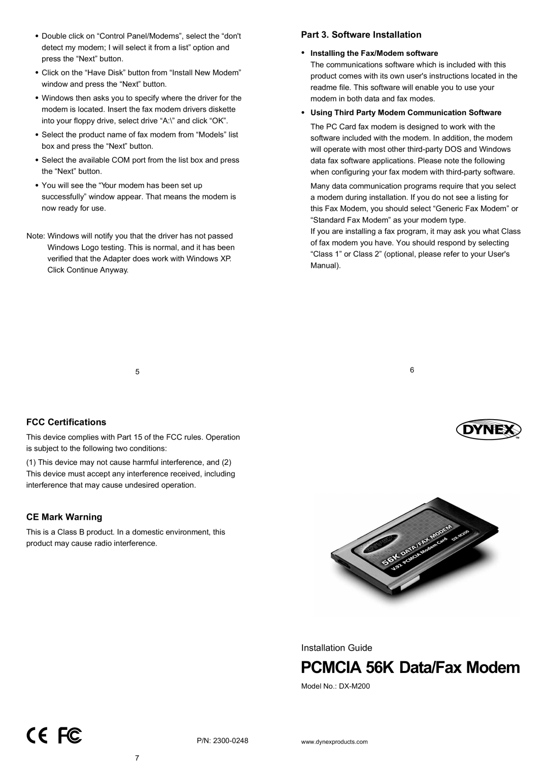 Dynex 2300-0248, DX-M200 user manual FCC Certifications, CE Mark Warning, Part 3. Software Installation 