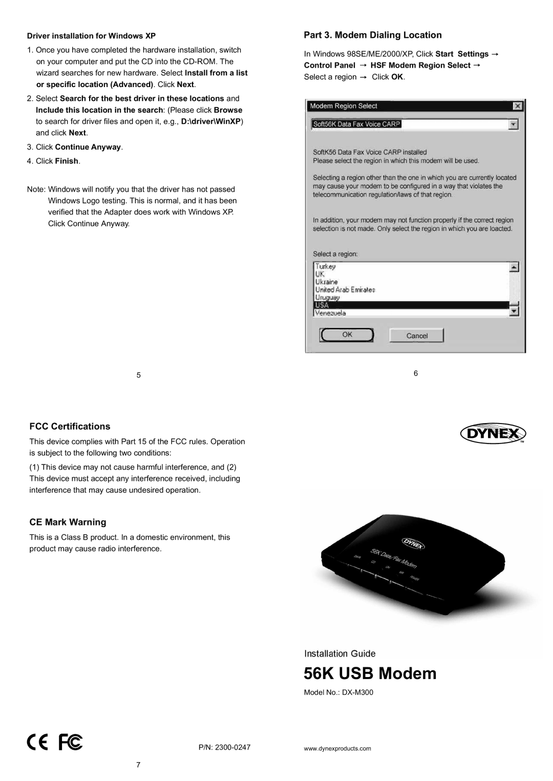 Dynex 2300-0247, DX-M300 manual FCC Certifications, CE Mark Warning, Part 3. Modem Dialing Location 