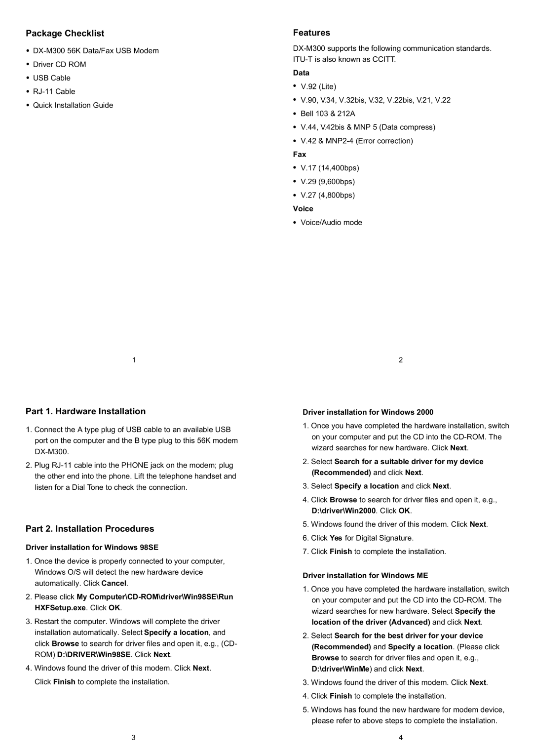 Dynex DX-M300, 2300-0247 manual Package Checklist, Part 1. Hardware Installation, Part 2. Installation Procedures, Features 