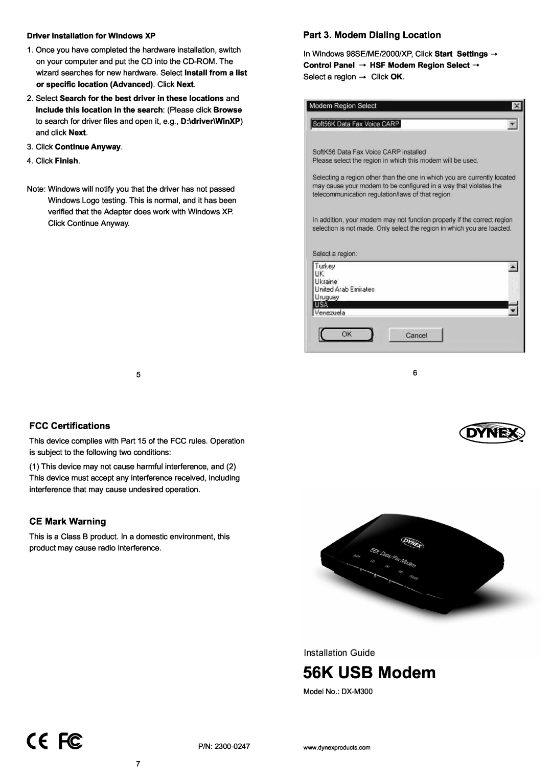 Dynex 2300-0247, DX-M300 manual FCC Certifications, CE Mark Warning, Part 3. Modem Dialing Location, 56K USB Modem 