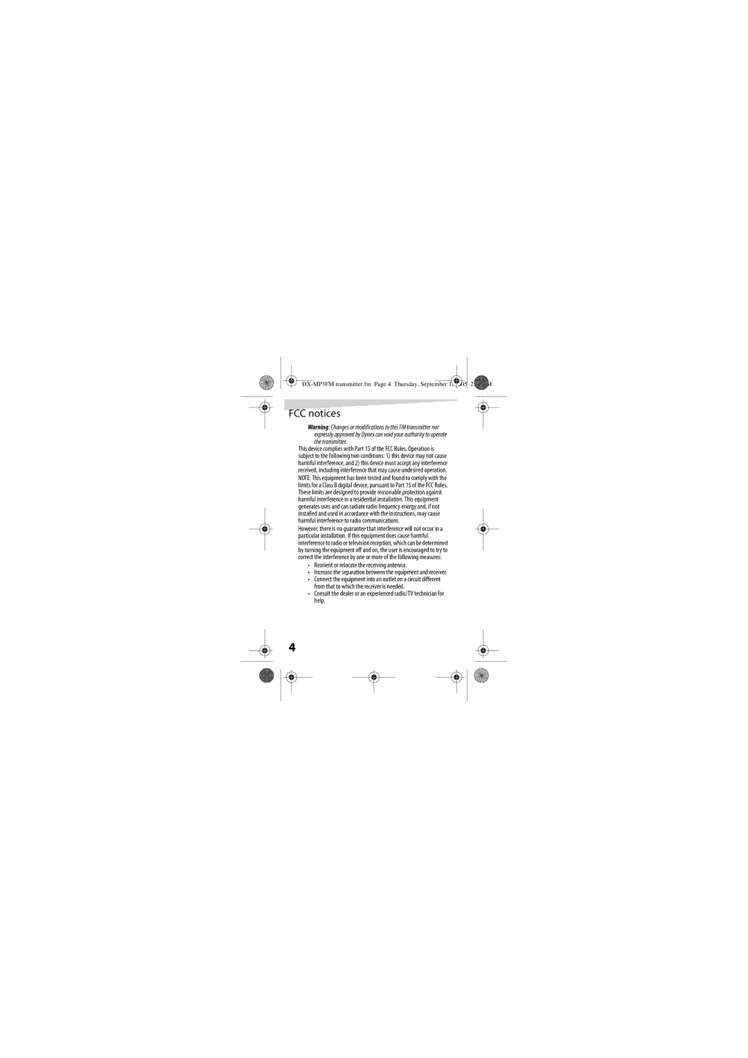 Dynex DX-MP3FM specifications FCC notices, Reorient or relocate the receiving antenna 