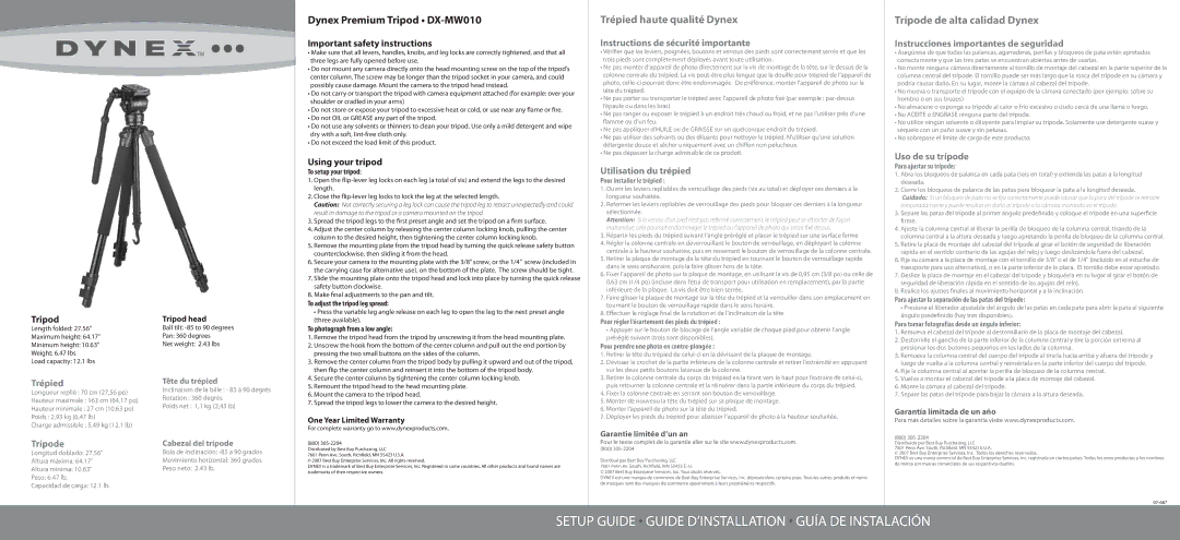 Dynex DX-MW010 important safety instructions Trépied, Trípode, Instructions de sécurité importante, Utilisation du trépied 