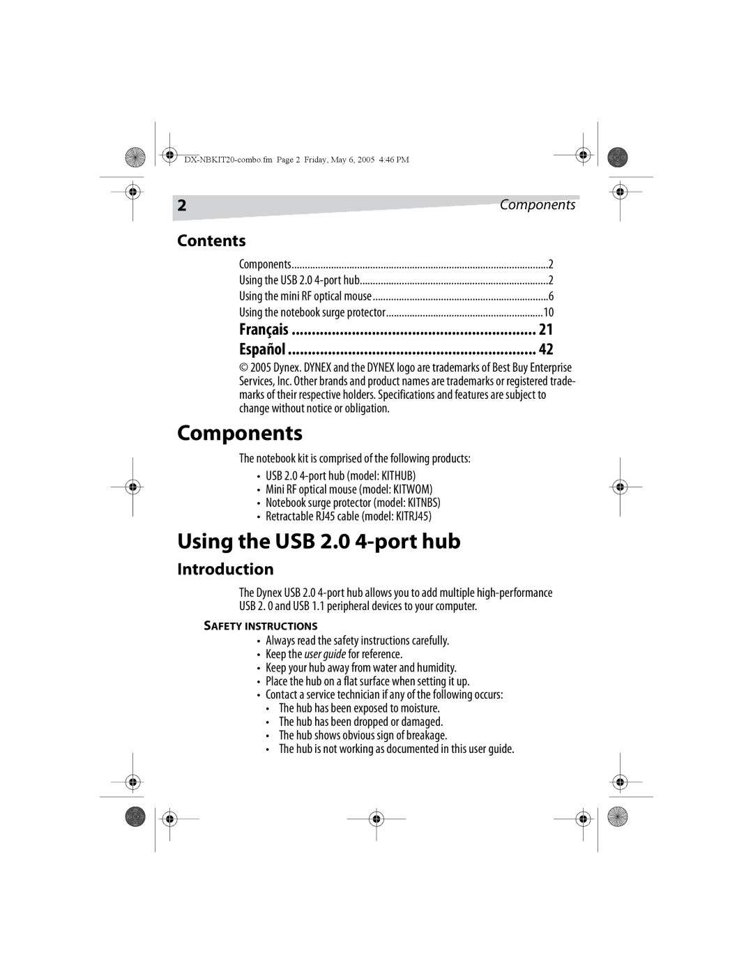 Dynex DX-NBKIT20 manual Components, Using the USB 2.0 4-port hub, Contents, Introduction 