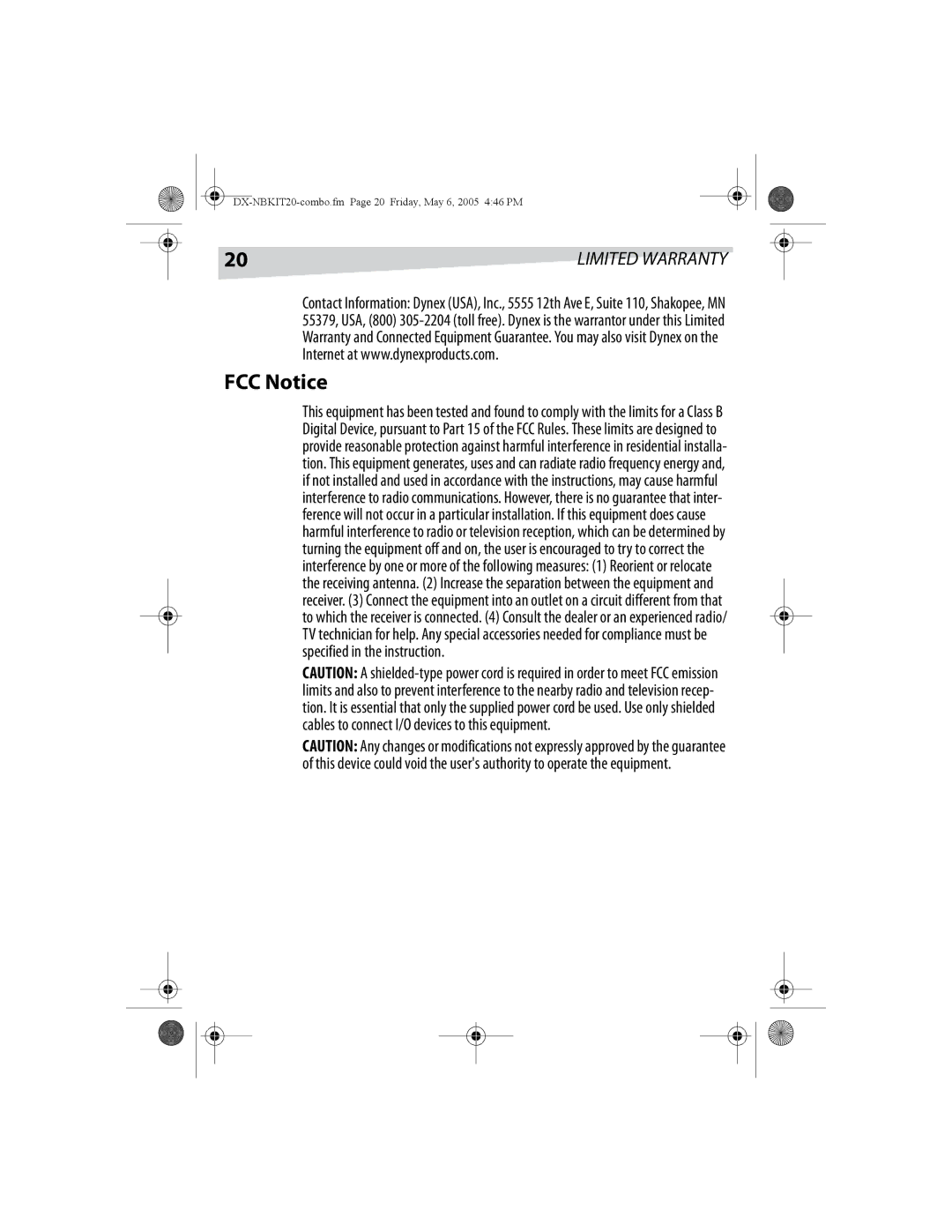 Dynex DX-NBKIT20 manual FCC Notice 