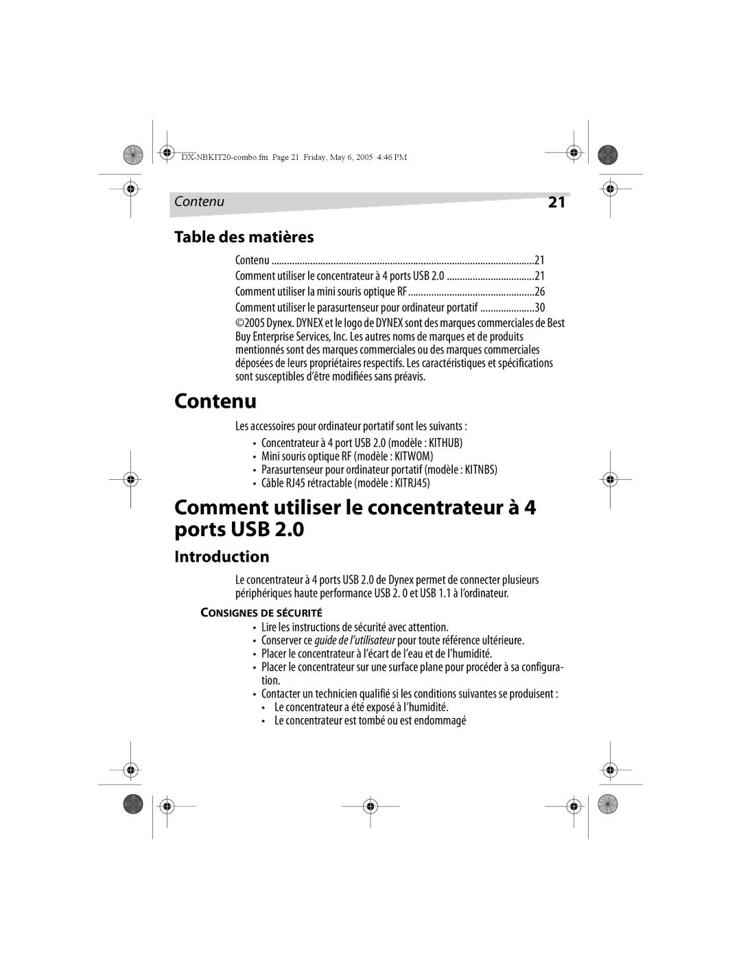 Dynex DX-NBKIT20 manual Contenu, Comment utiliser le concentrateur à 4 ports USB, Table des matières, Consignes DE Sécurité 