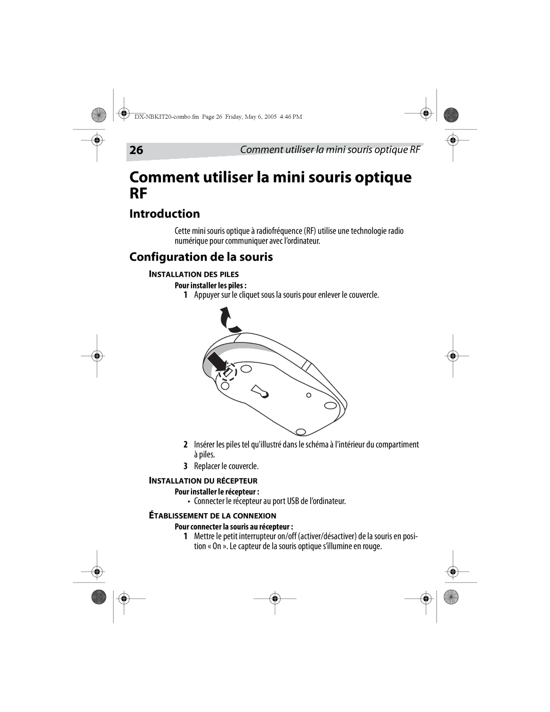 Dynex DX-NBKIT20 manual Comment utiliser la mini souris optique, Configuration de la souris 