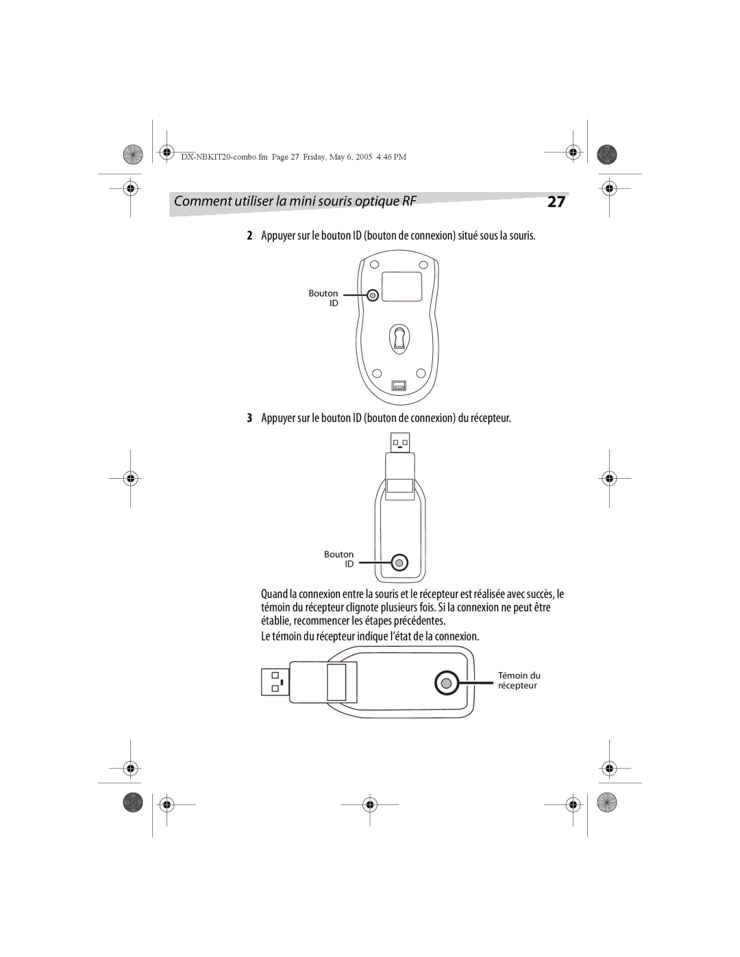 Dynex DX-NBKIT20 manual Appuyer sur le bouton ID bouton de connexion du récepteur 