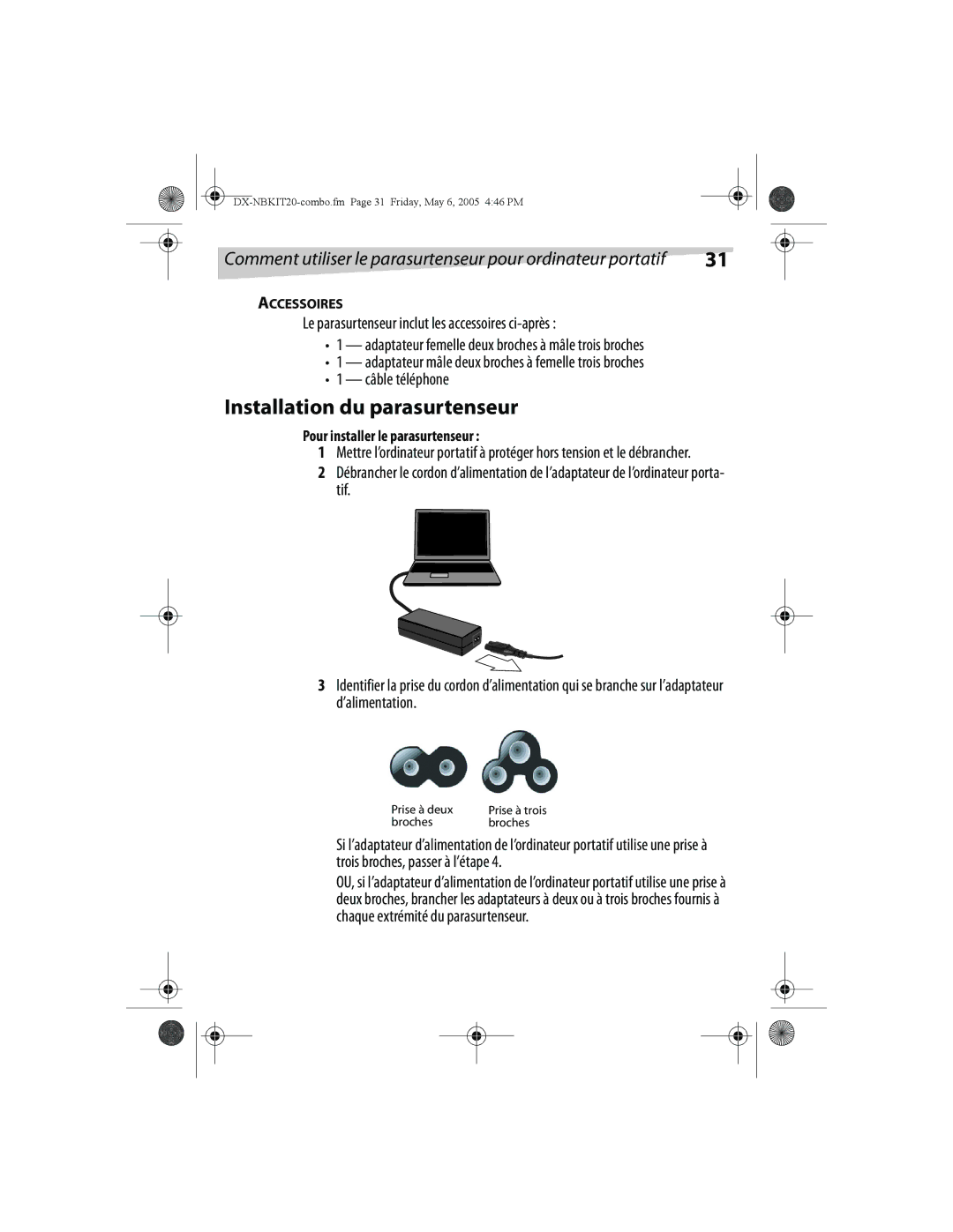 Dynex DX-NBKIT20 manual Installation du parasurtenseur, Accessoires 