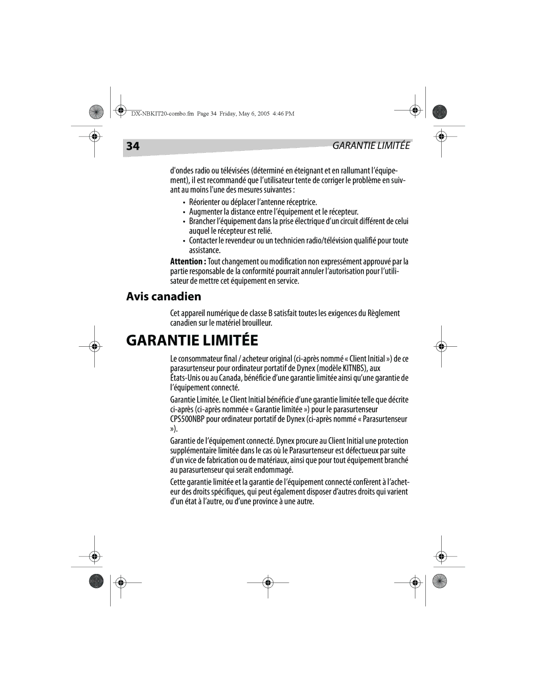 Dynex DX-NBKIT20 manual Garantie Limitée 