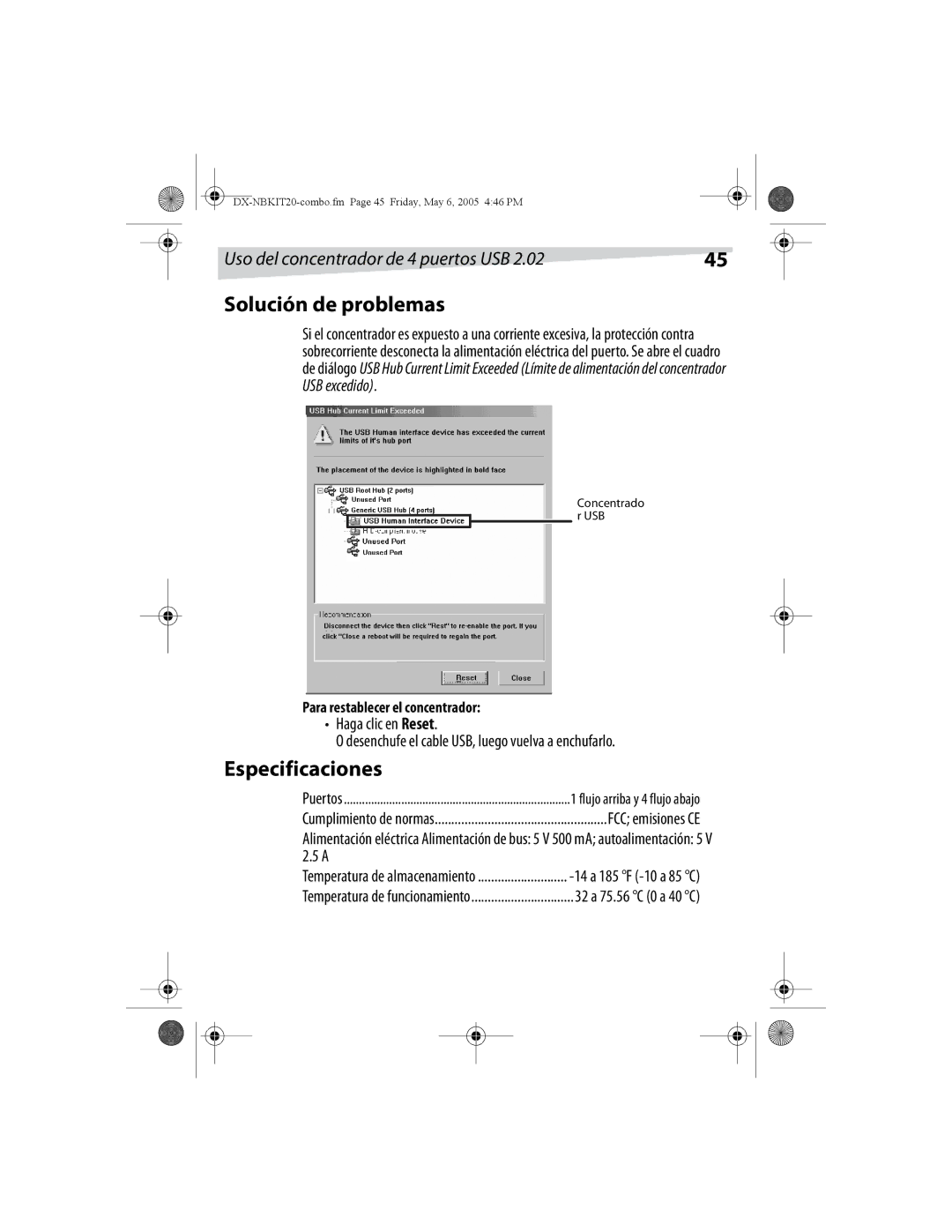 Dynex DX-NBKIT20 manual Solución de problemas, Especificaciones, 14 a 185 F -10 a, 32 a 75.56 C 0 a 