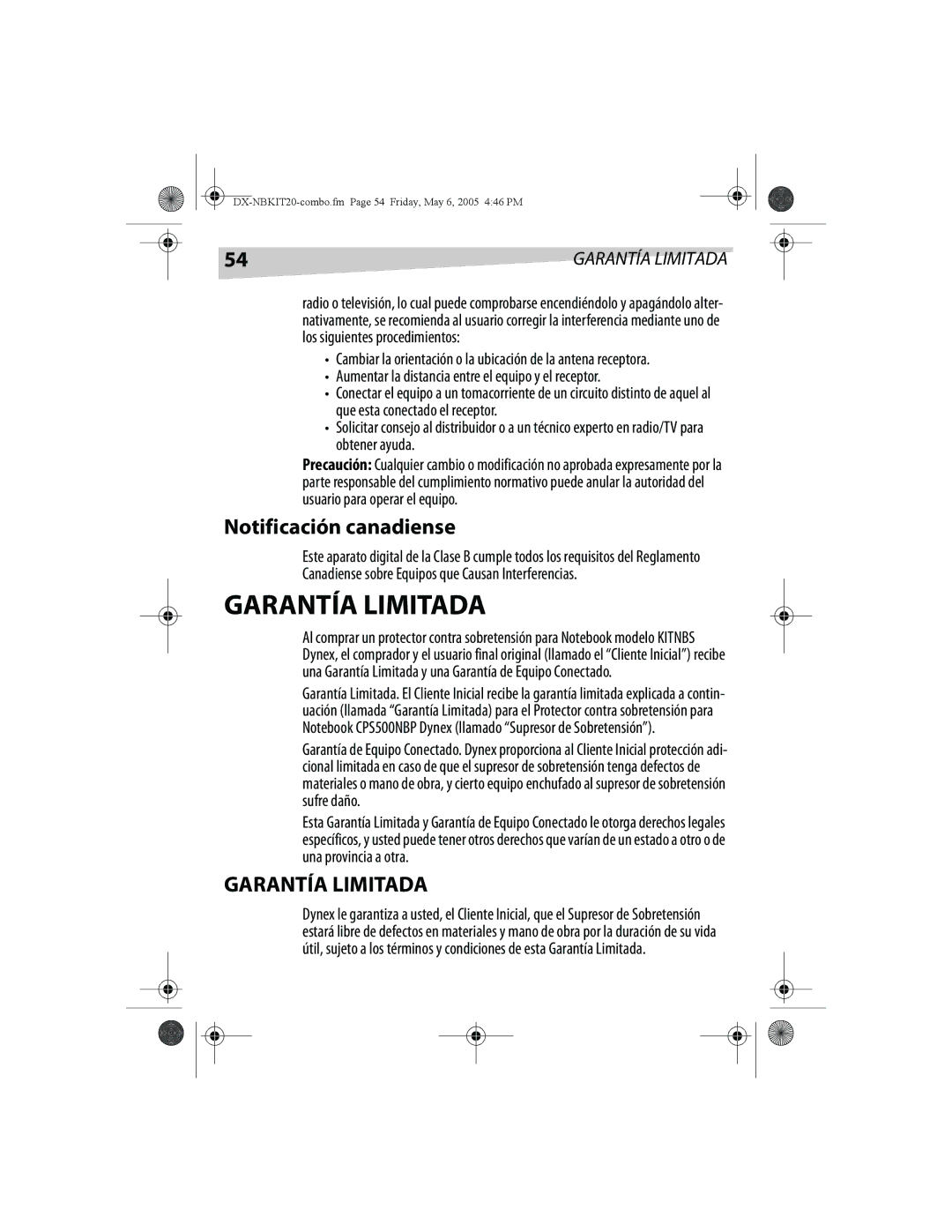 Dynex DX-NBKIT20 manual Notificación canadiense, Garantía Limitada 