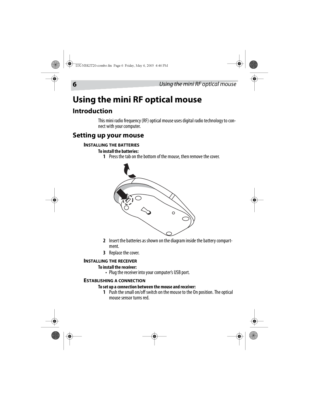 Dynex DX-NBKIT20 Using the mini RF optical mouse, Setting up your mouse, Plug the receiver into your computer’s USB port 