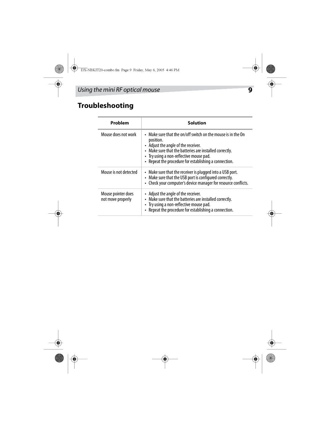 Dynex DX-NBKIT20 manual Using the mini RF optical mouse 