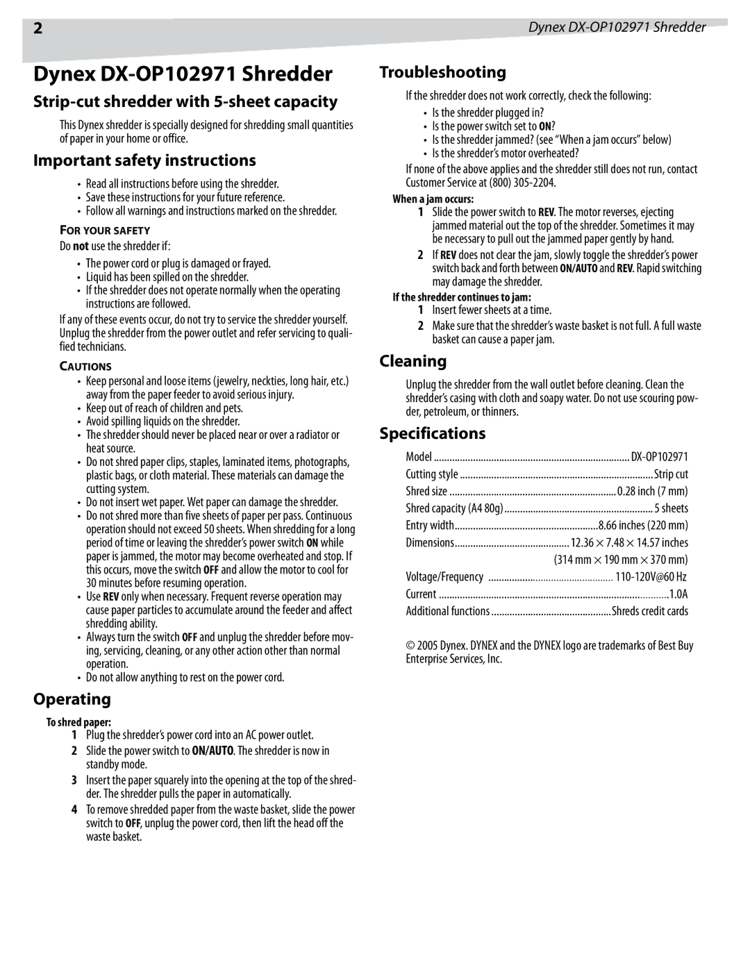 Dynex DX-OP102971 Strip-cut shredder with 5-sheet capacity, Important safety instructions, Operating, Troubleshooting 