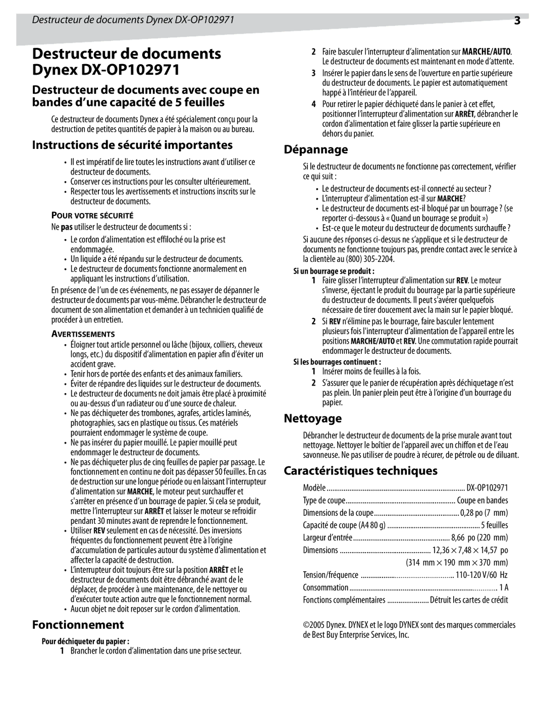 Dynex DX-OP102971 Instructions de sécurité importantes, Fonctionnement, Dépannage, Nettoyage, Caractéristiques techniques 