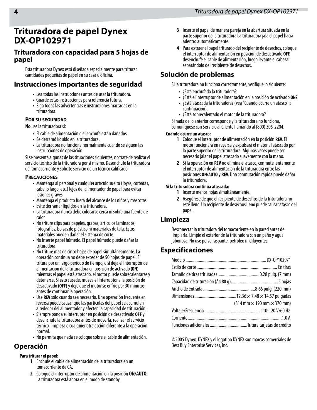 Dynex DX-OP102971 manual Trituradora con capacidad para 5 hojas de papel, Instrucciones importantes de seguridad, Operación 