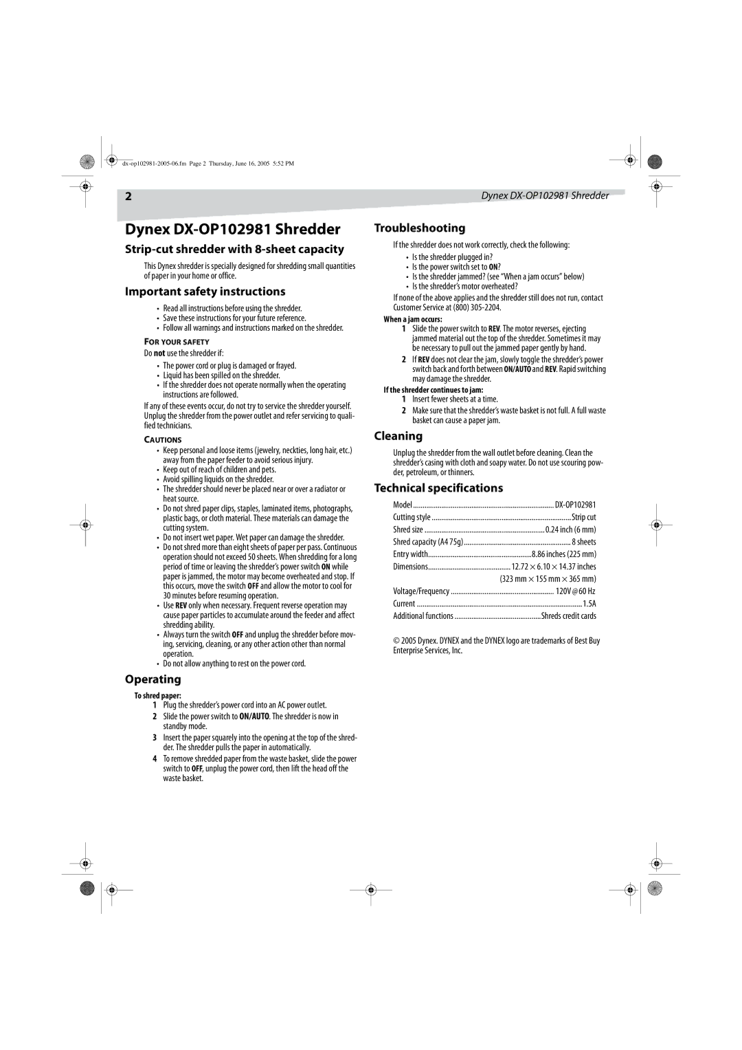 Dynex DX-OP102981 Strip-cut shredder with 8-sheet capacity, Important safety instructions, Operating, Troubleshooting 