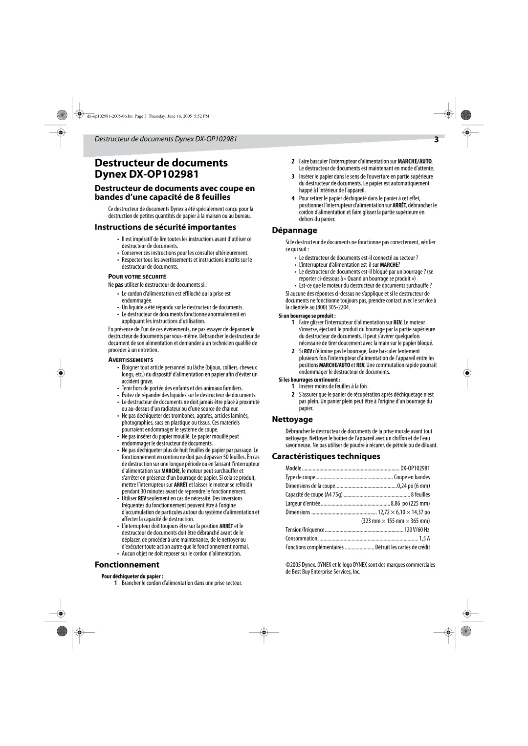 Dynex DX-OP102981 Instructions de sécurité importantes, Fonctionnement, Dépannage, Nettoyage, Caractéristiques techniques 