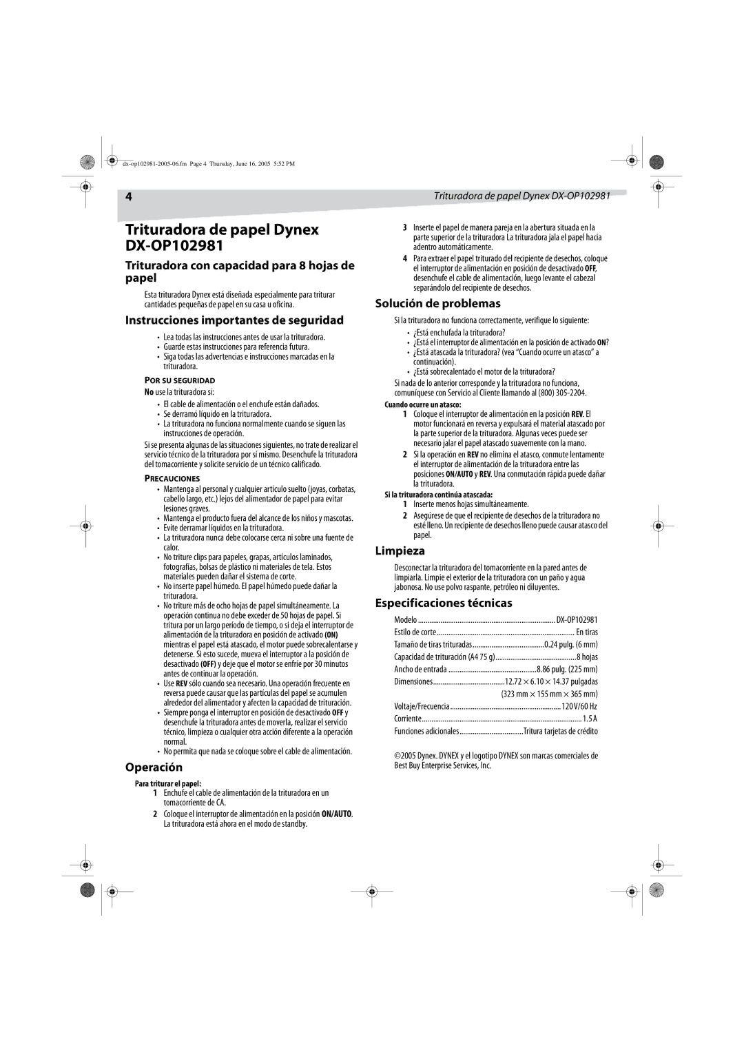 Dynex DX-OP102981 manual Trituradora con capacidad para 8 hojas de papel, Instrucciones importantes de seguridad, Operación 