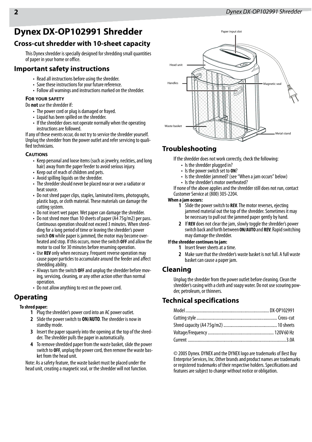 Dynex manual Dynex DX-OP102991 Shredder 