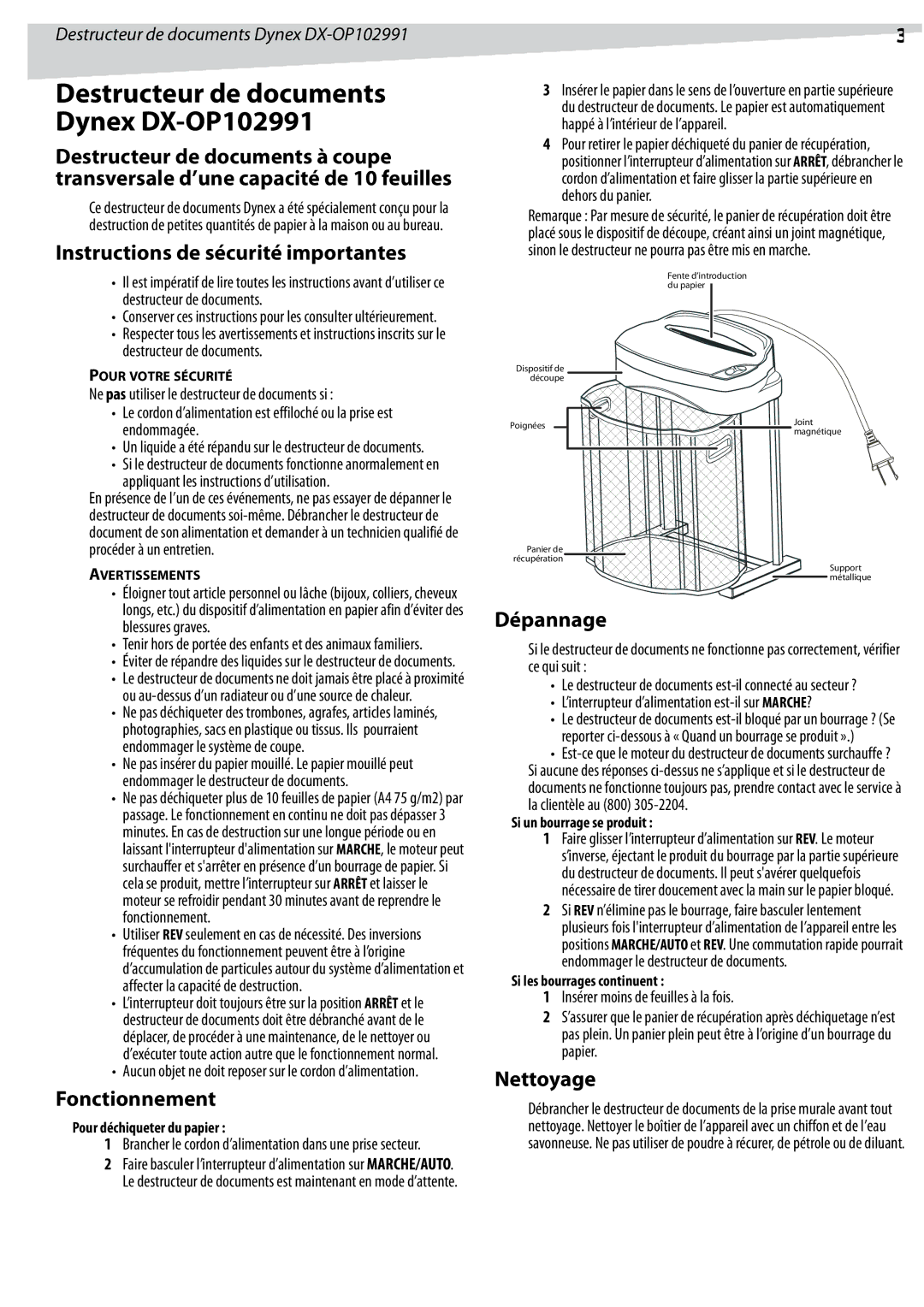 Dynex DX-OP102991 manual Instructions de sécurité importantes, Fonctionnement, Dépannage, Nettoyage 