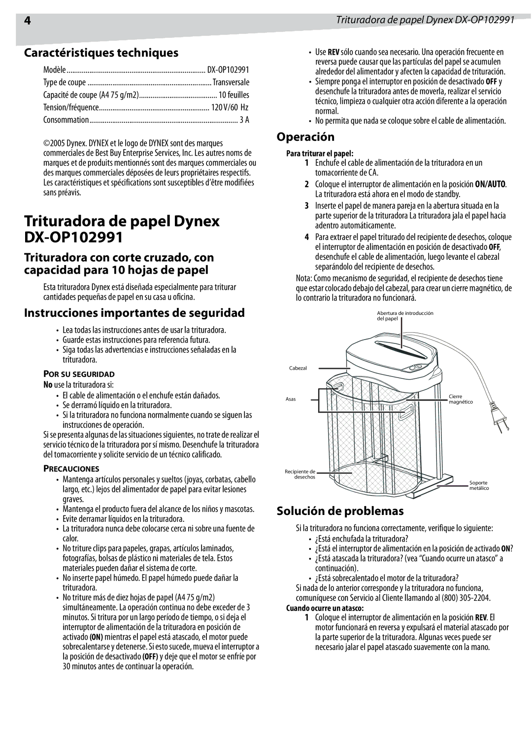 Dynex manual Trituradora de papel Dynex DX-OP102991, Caractéristiques techniques, Instrucciones importantes de seguridad 