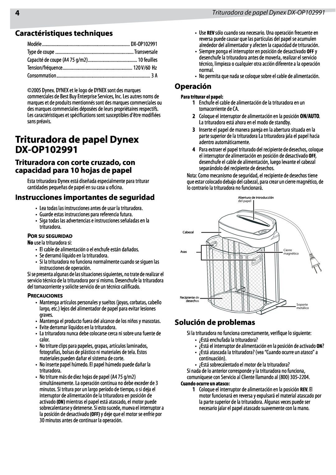 Dynex manual Trituradora de papel Dynex DX-OP102991, Caractéristiques techniques, Instrucciones importantes de seguridad 