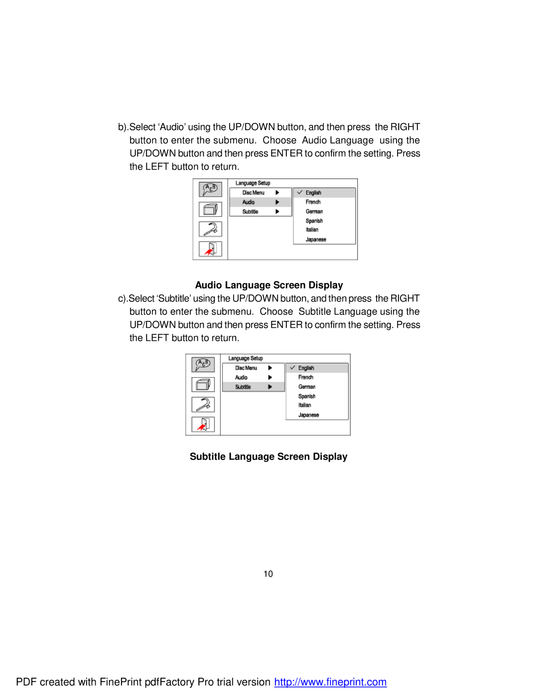 Dynex DX-PD510 owner manual Audio Language Screen Display, Subtitle Language Screen Display 