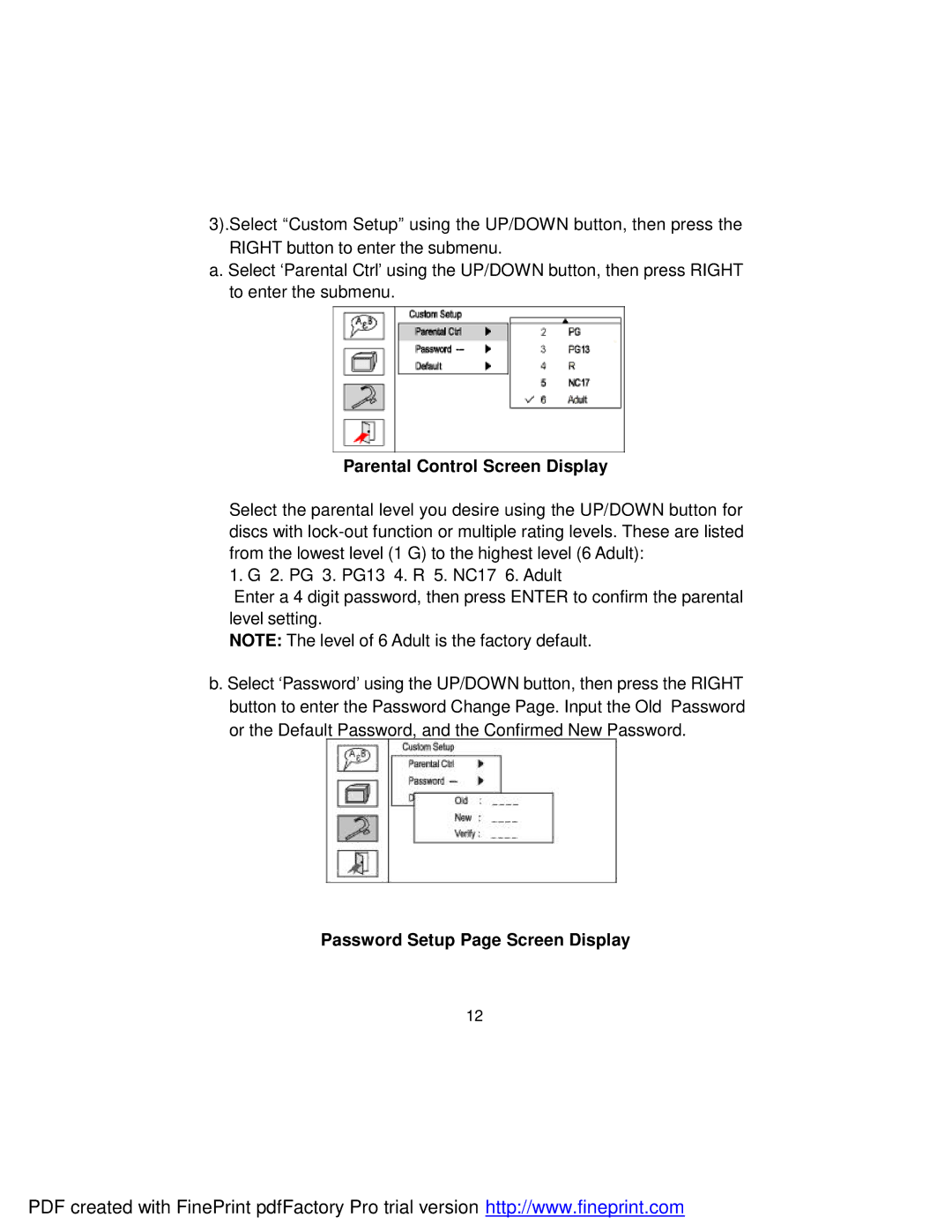 Dynex DX-PD510 owner manual Parental Control Screen Display, Password Setup Page Screen Display 