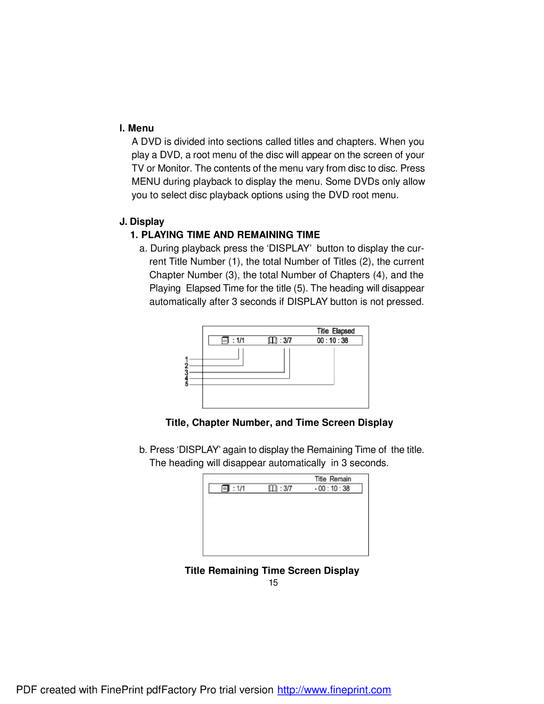 Dynex DX-PD510 owner manual Menu, Playing Time and Remaining Time, Title, Chapter Number, and Time Screen Display 