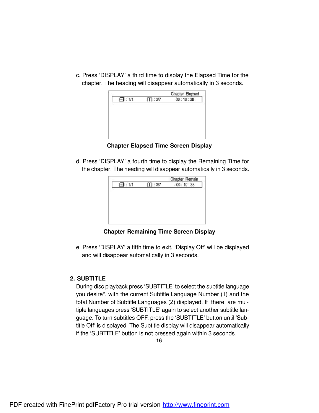 Dynex DX-PD510 owner manual Chapter Elapsed Time Screen Display, Chapter Remaining Time Screen Display, Subtitle 