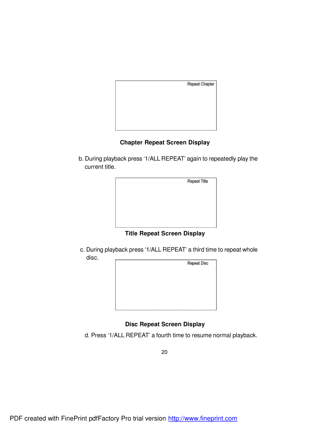 Dynex DX-PD510 owner manual Chapter Repeat Screen Display, Title Repeat Screen Display, Disc Repeat Screen Display 