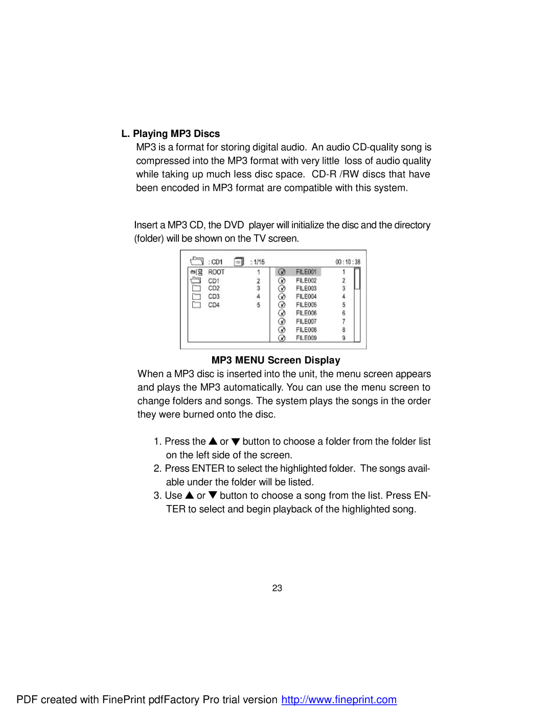 Dynex DX-PD510 owner manual Playing MP3 Discs, MP3 Menu Screen Display 