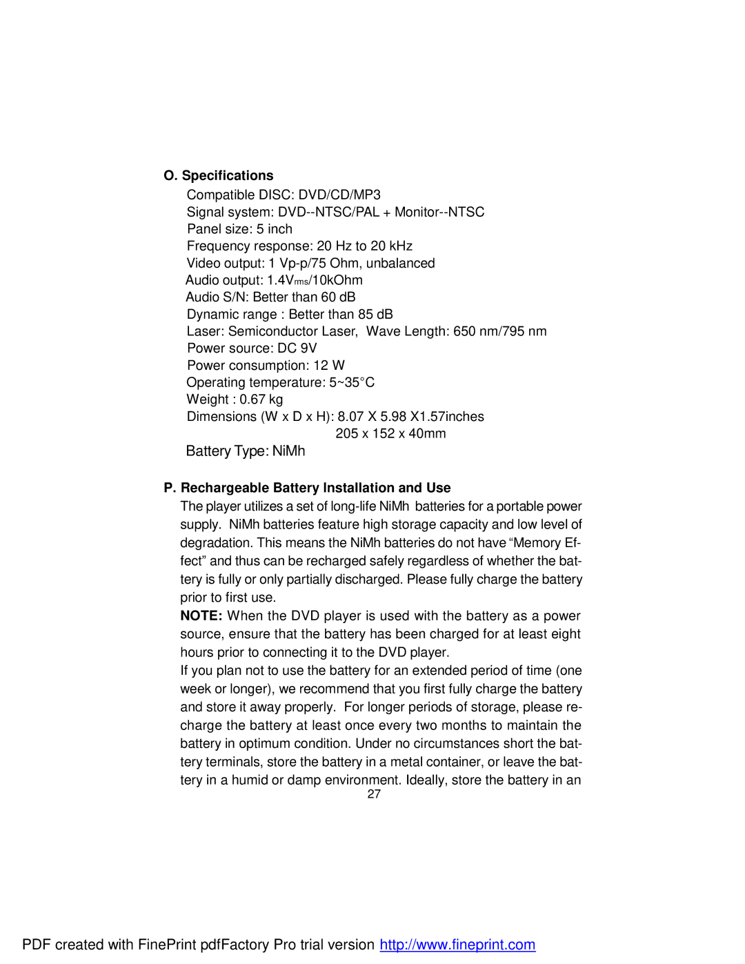 Dynex DX-PD510 owner manual Specifications, Rechargeable Battery Installation and Use 