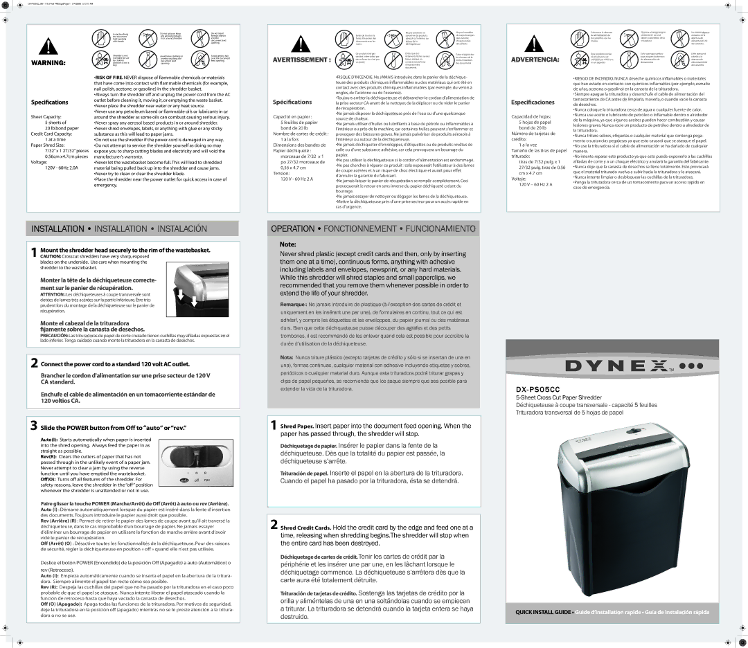 Dynex DX-PS05CC warranty Installation Installation Instalación, Operation Fonctionnement Funcionamiento, Avertissement 