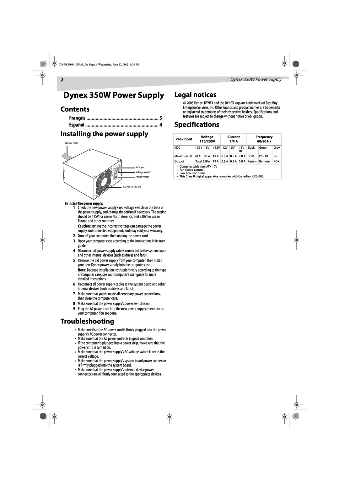 Dynex DX-PS350W Dynex 350W Power Supply, Contents, Installing the power supply, Legal notices, Specifications, Français 