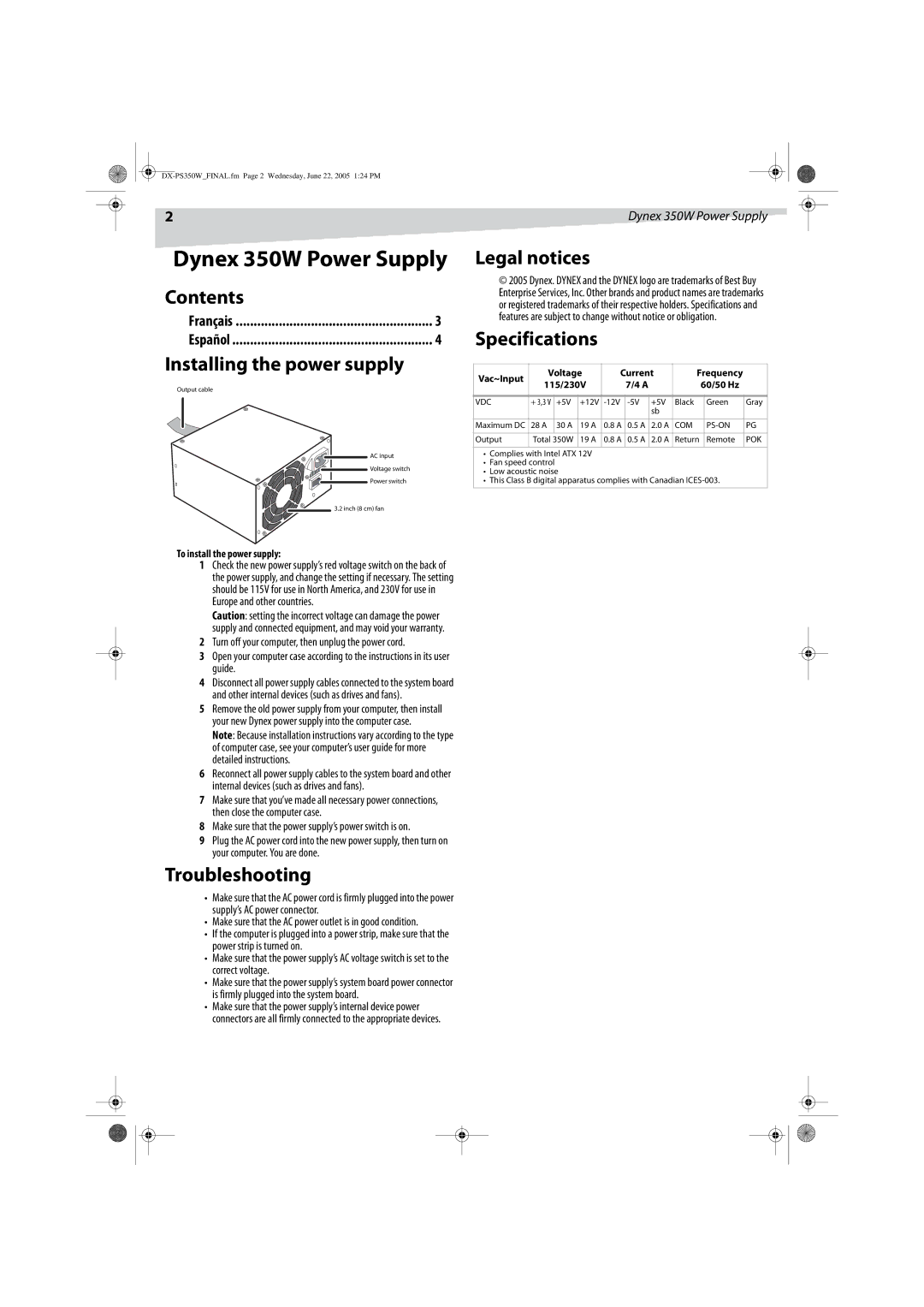 Dynex DX-PS350W manual Dynex 350W Power Supply 