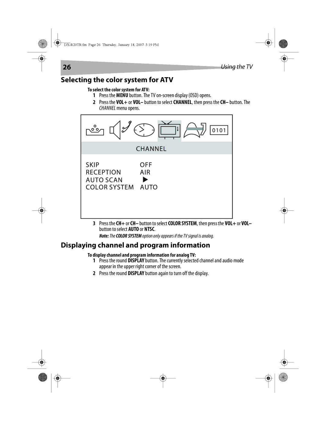 Dynex DX-R20TR manual Selecting the color system for ATV, Displaying channel and program information 