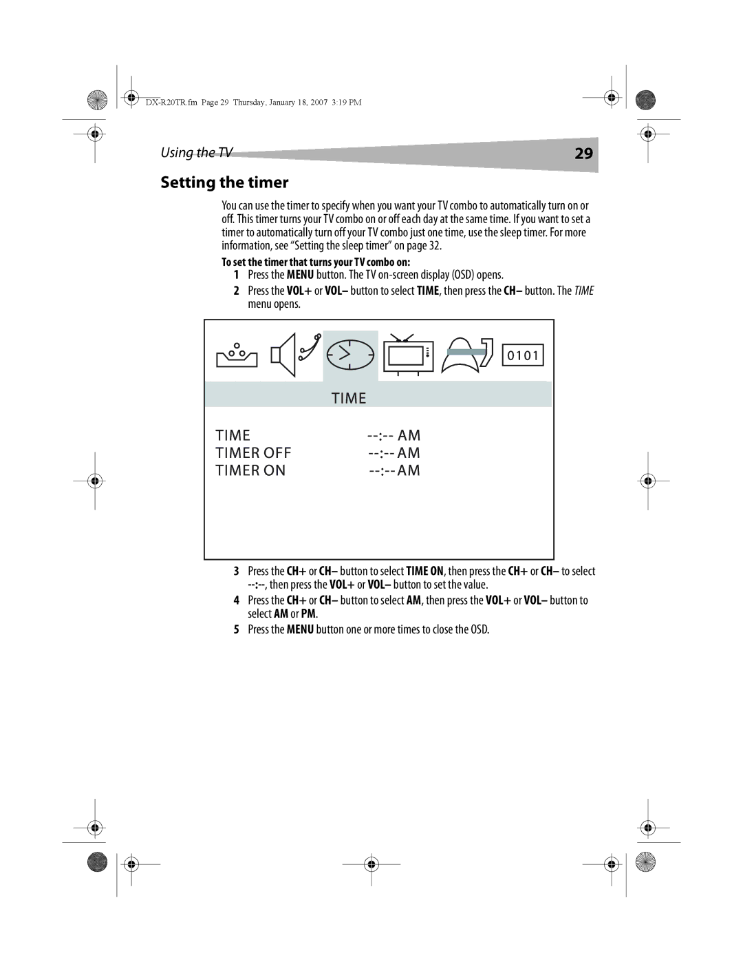 Dynex DX-R20TR manual Setting the timer, To set the timer that turns your TV combo on 