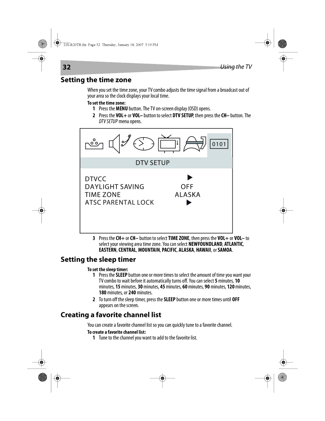 Dynex DX-R20TR manual Setting the time zone, Setting the sleep timer, Creating a favorite channel list 