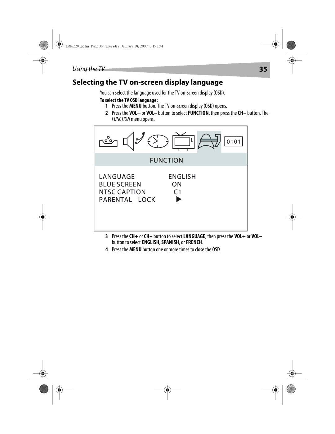 Dynex DX-R20TR manual Selecting the TV on-screen display language, To select the TV OSD language 