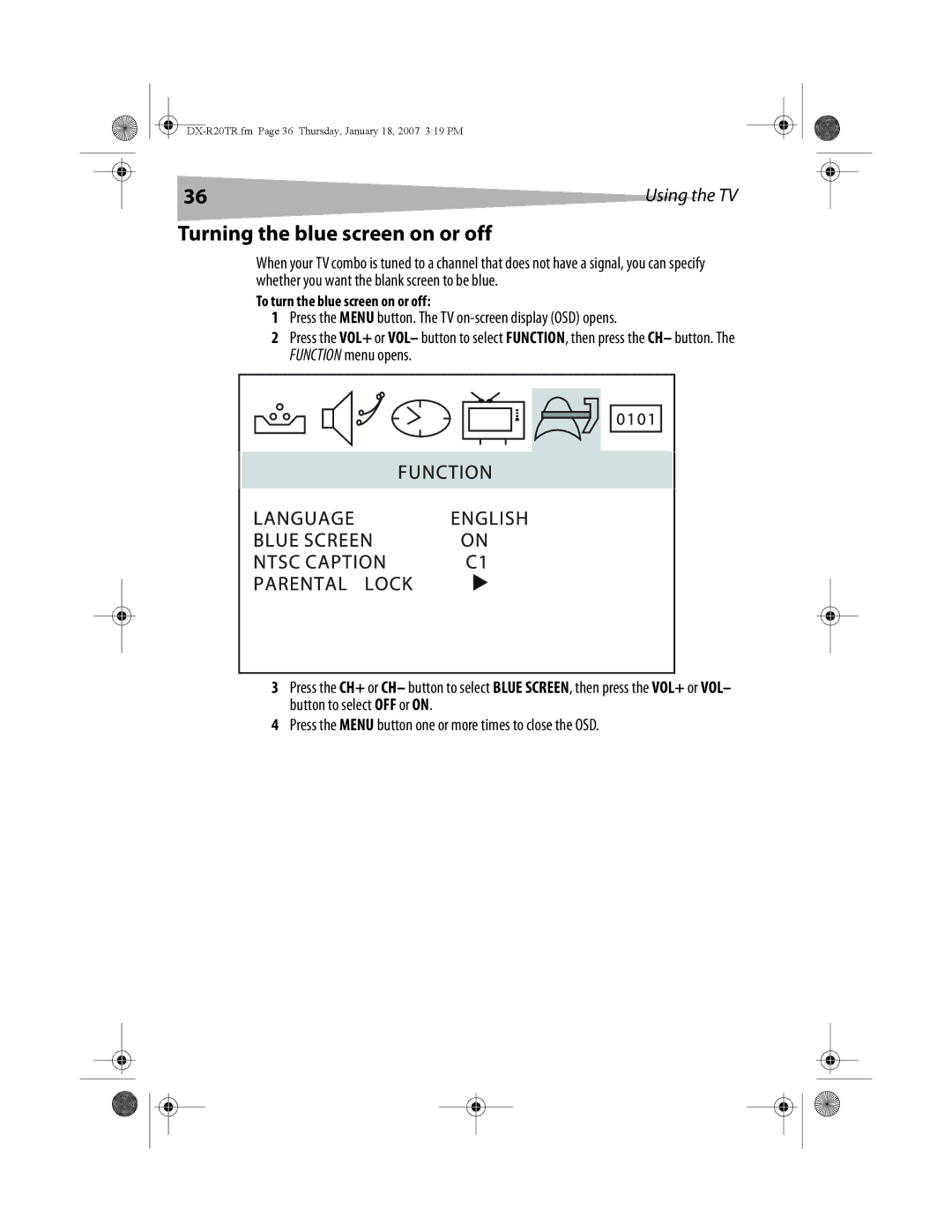 Dynex DX-R20TR manual Turning the blue screen on or off, To turn the blue screen on or off 