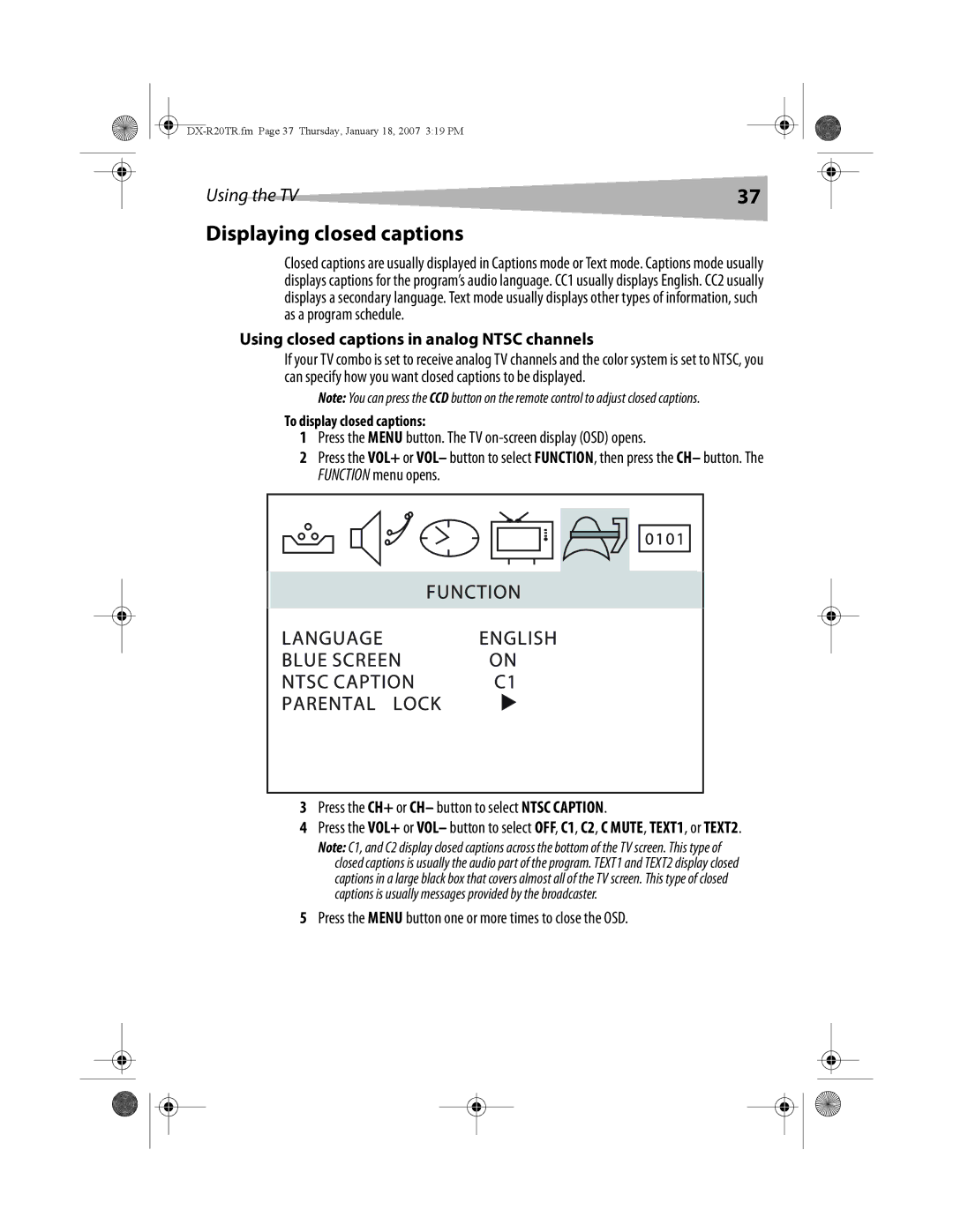 Dynex DX-R20TR manual Displaying closed captions, Using closed captions in analog Ntsc channels, To display closed captions 