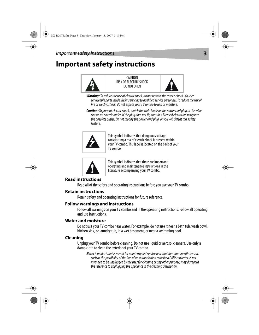 Dynex DX-R20TR manual Important safety instructions 