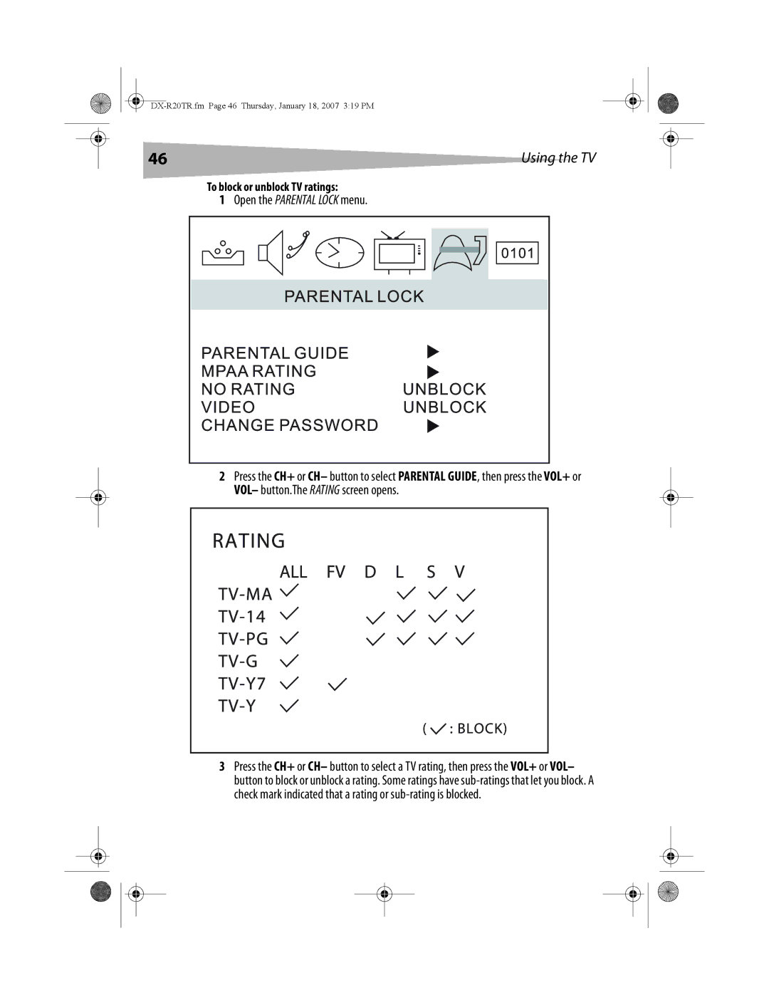 Dynex DX-R20TR manual To block or unblock TV ratings 