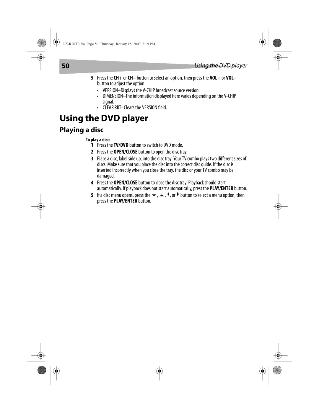 Dynex DX-R20TR manual Using the DVD player, Playing a disc, To play a disc 