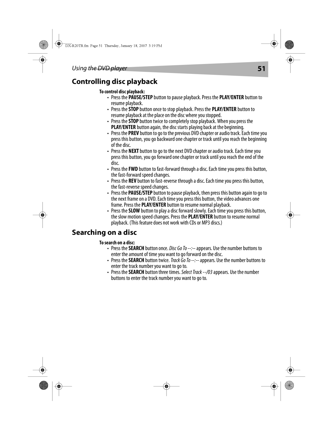 Dynex DX-R20TR manual Controlling disc playback, Searching on a disc, To control disc playback, To search on a disc 