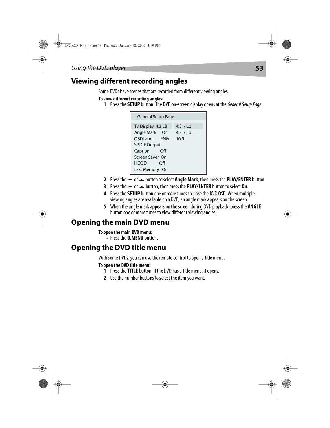 Dynex DX-R20TR manual Viewing different recording angles, Opening the main DVD menu, Opening the DVD title menu 