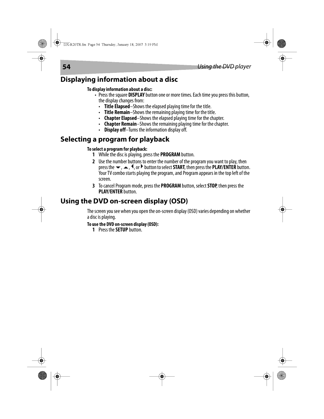 Dynex DX-R20TR Displaying information about a disc, Selecting a program for playback, Using the DVD on-screen display OSD 